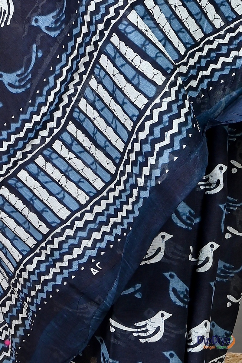 Blue White Cotton Soumava Printed Handloom Saree (590)